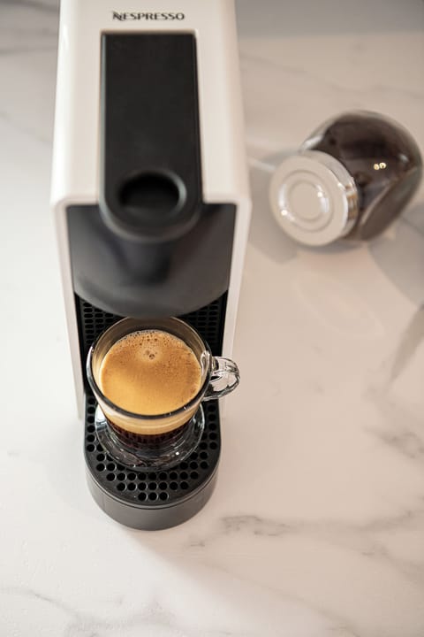 Full-size fridge, oven, stovetop, espresso maker