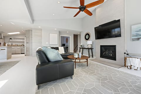 Get cozy on the sofa with a fire going while watching your favorite movie.