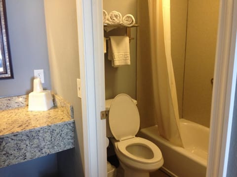 Combined shower/tub, deep soaking tub, free toiletries, towels