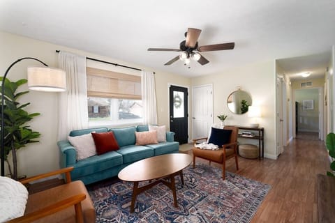 Relax in our cozy, stylish living room after a long day touring the Ark.