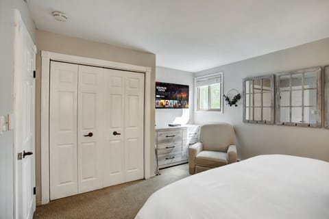 Cozy bed with TV and large closet for storage.