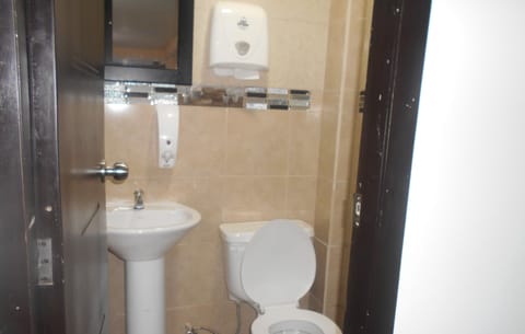 Combined shower/tub, deep soaking tub, free toiletries, towels