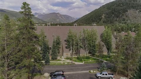 Aerial view of a mountain lodge surrounded by trees with a few parked cars. Mountains and a cloudy sky are visible in the background.