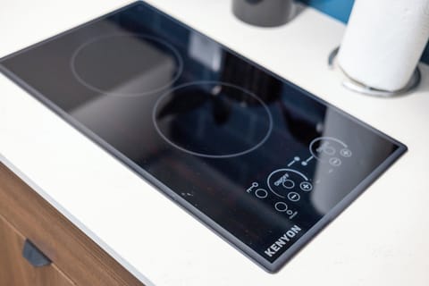 Desk, laptop workspace, blackout drapes, soundproofing