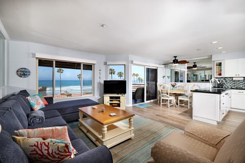 ocean views from living room, dining, kitchen, balcony