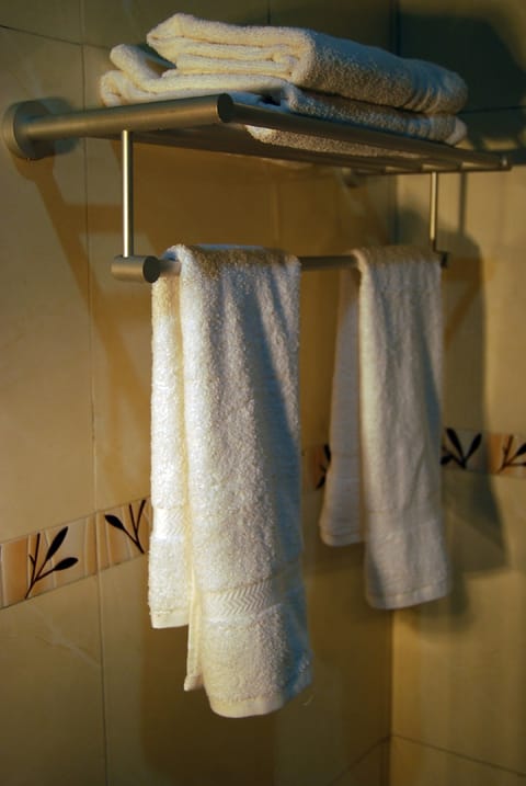 Combined shower/tub, hair dryer, towels