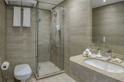 Shower, eco-friendly toiletries, hair dryer, bathrobes