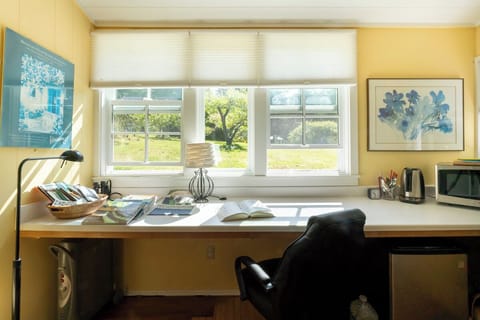 Gazing out the windows at birds and fruit trees provides a relaxing respite.