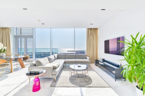 Luxury Apartment, 3 Bedrooms, Balcony, Sea View | Living area | 75-inch LED TV with satellite channels, TV, Netflix