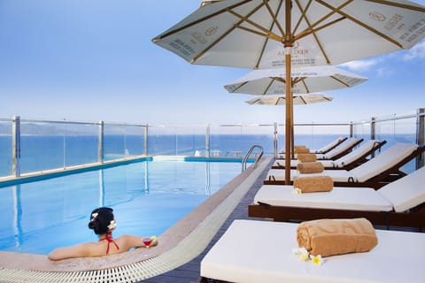 Outdoor pool, a rooftop pool, pool umbrellas, sun loungers