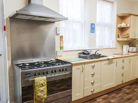 Fridge, electric kettle, toaster, cookware/dishes/utensils