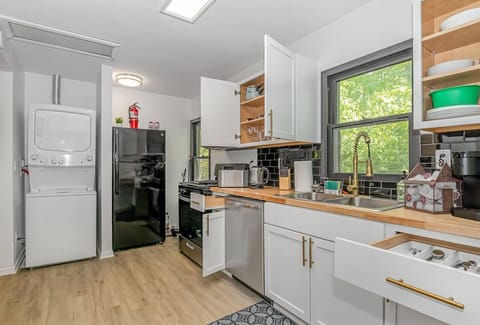 Fully Loaded Kitchen | complete Knife set| | Toaster | | Pots | | all the Kitchen essentials | kids dinnerware| | wine and drink glass set | | baking ware | | cups | | Dishes and silverware | | hand blender | and | Cleaning products |