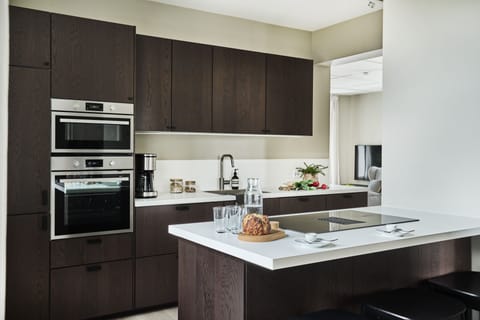 Luxury Apartment | Private kitchen | Full-size fridge, microwave, oven, stovetop