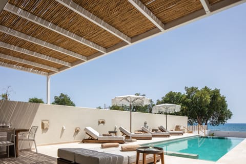The pool area is equipped with comfortable sun beds and a poolside shower.