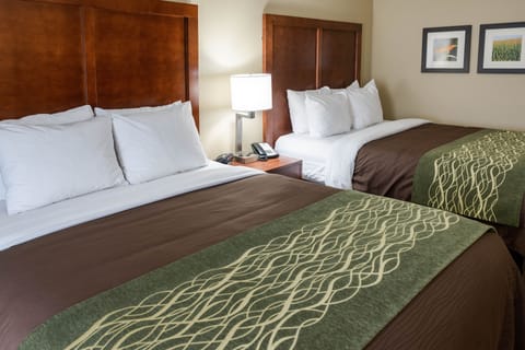 Premium bedding, pillowtop beds, desk, blackout drapes