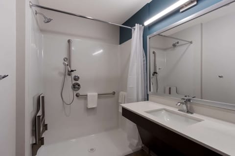 Room, 1 Queen Bed, Accessible, Non Smoking (Roll-In Shower) | Bathroom | Hair dryer, towels, soap, shampoo