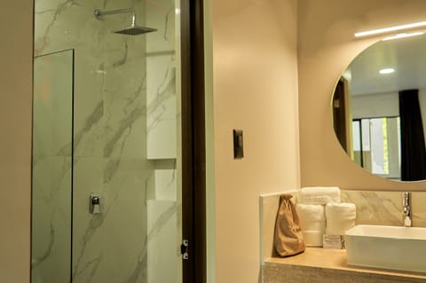 Deluxe Room | Bathroom | Hair dryer, towels, soap, shampoo