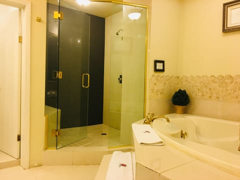 Suite | Bathroom | Shower, free toiletries, hair dryer, towels