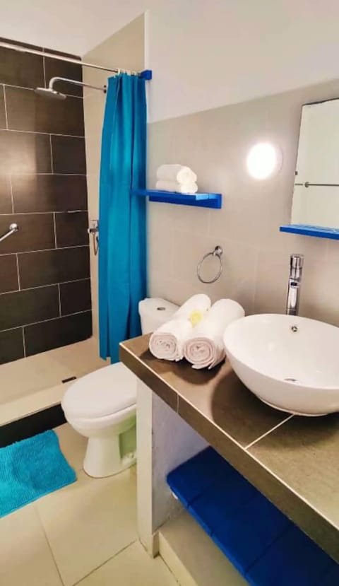 Comfort Apartment | Bathroom | Shower, rainfall showerhead, hair dryer, towels