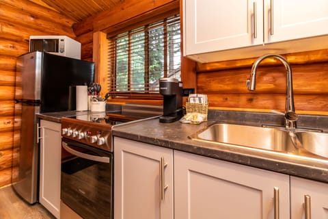 Bachelor Log Cottage | Private kitchen | Full-size fridge, microwave, coffee/tea maker, electric kettle