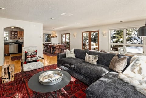 Second floor living room that connects to the kitchen and dining room with access to the back yard and hot tub.