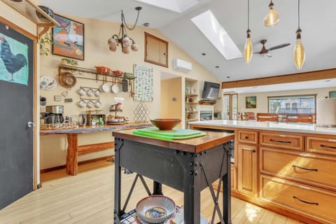 Huge pantry behind black door. Coffee tea and condiments provided.