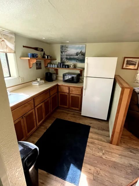 Kitchenette with full size refrigerator and freezer.