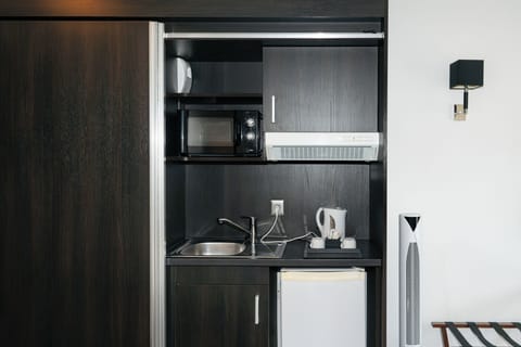 Fridge, microwave, stovetop, electric kettle