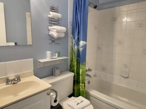 Room, 1 Queen Bed, Kitchenette | Bathroom | Combined shower/tub, free toiletries, towels, soap