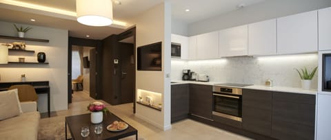 Premium Apartment | Private kitchen | Fridge, microwave, oven, stovetop