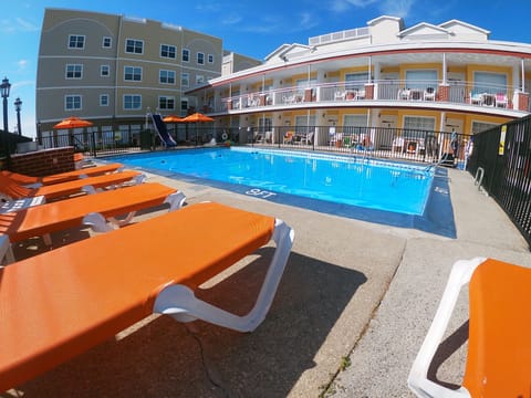 Seasonal outdoor pool, sun loungers