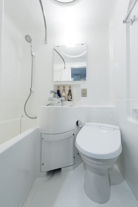 Combined shower/tub, deep soaking tub, free toiletries, hair dryer