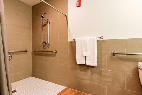 Combined shower/tub, free toiletries, hair dryer, towels