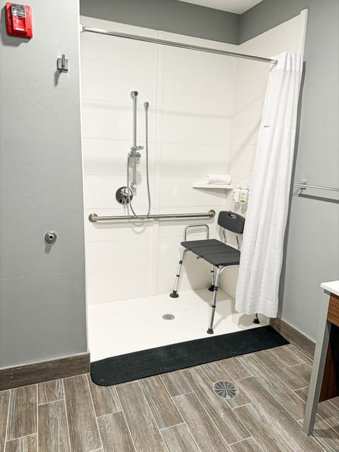 Room, 1 King Bed, Accessible, Non Smoking (Mobility, Hearing, Roll-In Shwr) | Bathroom | Hair dryer, towels, soap, shampoo