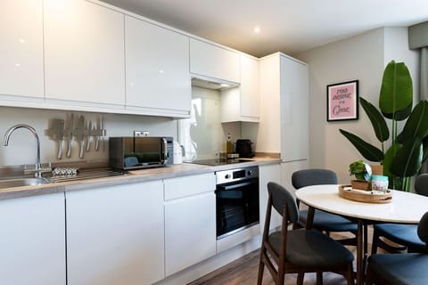 Comfort Apartment | Private kitchen | Full-size fridge, microwave, oven, stovetop