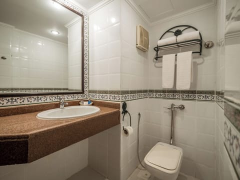 Combined shower/tub, free toiletries, hair dryer, towels