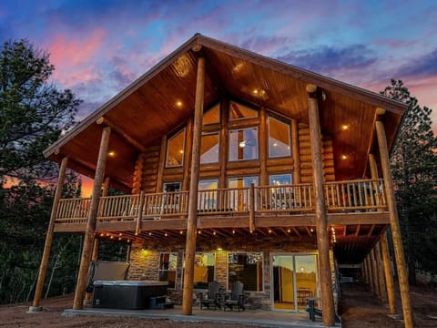 Exterior of Lakefront Log Cabin with Hot Tub and Scenic Views