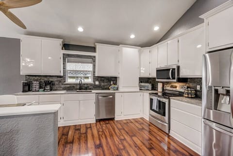 The spacious kitchen is fully stocked and ready for you with all major appliances and most smaller appliances you could hope for!