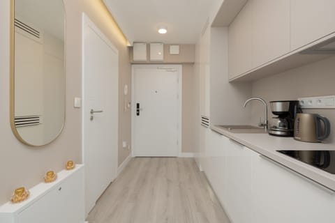 Hallway featuring a sleek, minimalist design with light wood flooring and stylish finishes.

