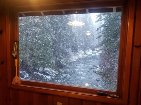 Winter view of the Washougal river from the lodge's kitchen dining area at Kanati Falls Ranch