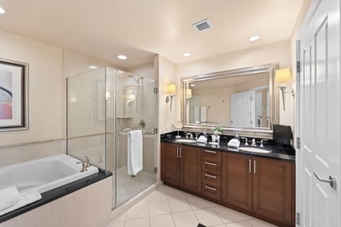 Separate tub and shower, deep soaking tub, hydromassage showerhead