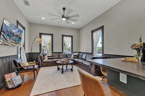 Comfortable leather couch to relax with family and friends.