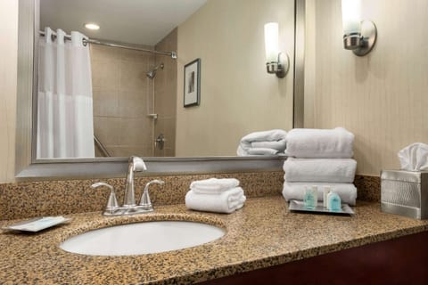 Combined shower/tub, eco-friendly toiletries, hair dryer, towels