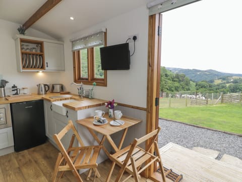 Fridge, electric kettle, toaster, cookware/dishes/utensils