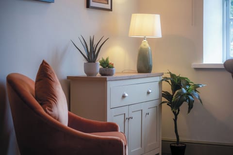 32-inch Smart TV with cable channels, fireplace