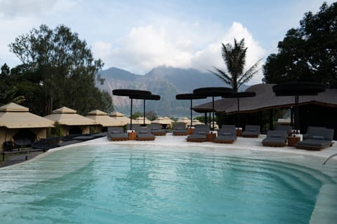 Outdoor pool, pool umbrellas, sun loungers