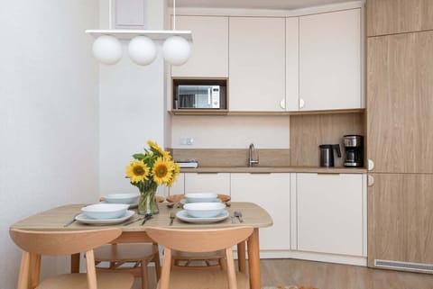 Fully equipped kitchenette with an induction hob, fridge with freezer, coffee machine, dishwasher, electric kettle and dining area