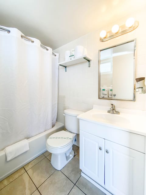 Combined shower/tub, hair dryer, towels