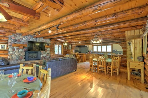Spacious dining area with seating area and fireplace