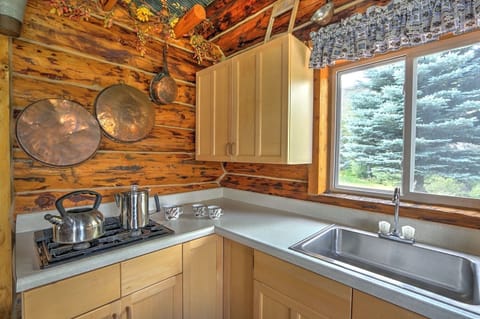 Kitchen with stove, sink and beautiful view